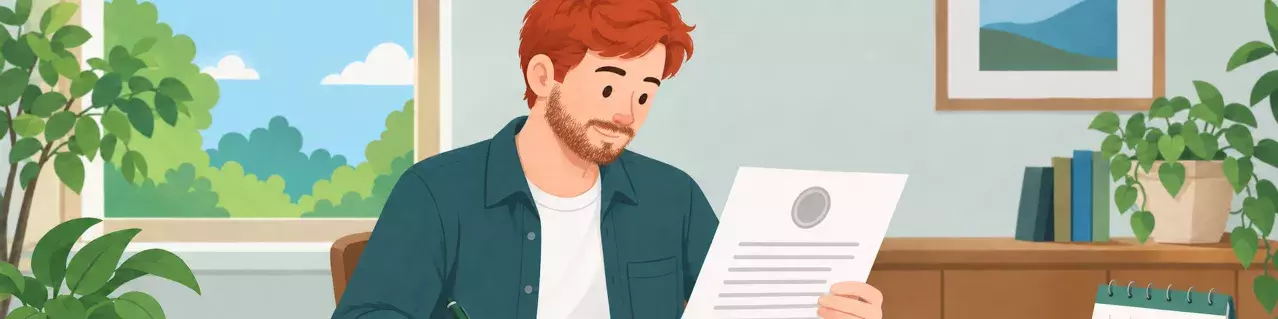 Hombre revisando el aviso de la Corte en el escritorio