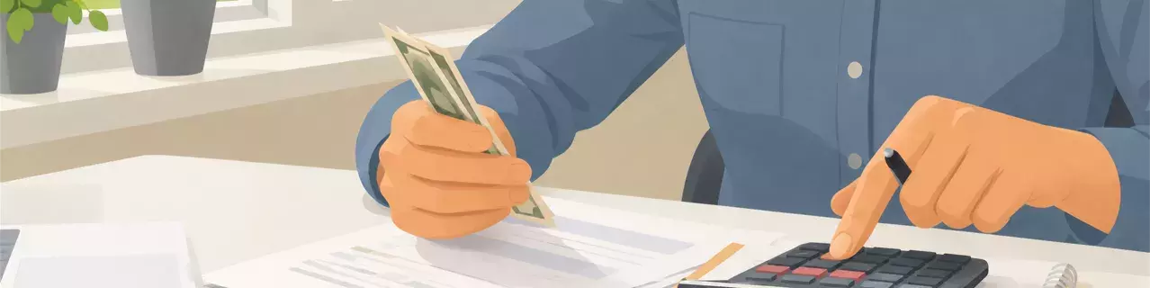 Persona contando dinero con calculadora en el escritorio