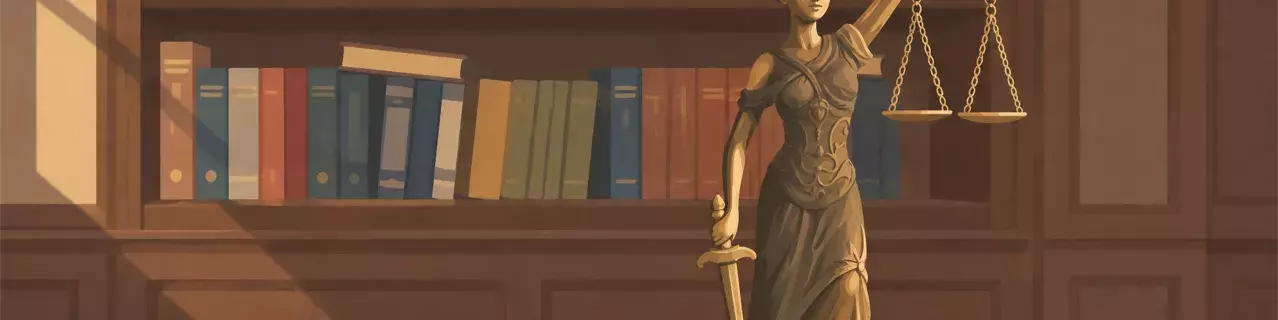 Estatua de la Dama de la Justicia con balanzas y libros de leyes