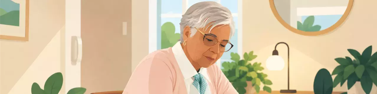 Hombre escribiendo en un cuaderno en la mesa del comedor