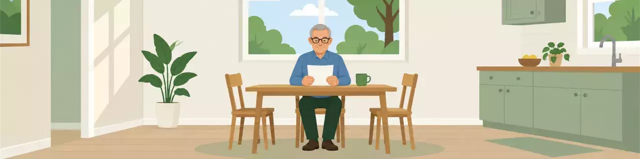 Hombre revisando tarjetas y facturas en la mesa de la cocina