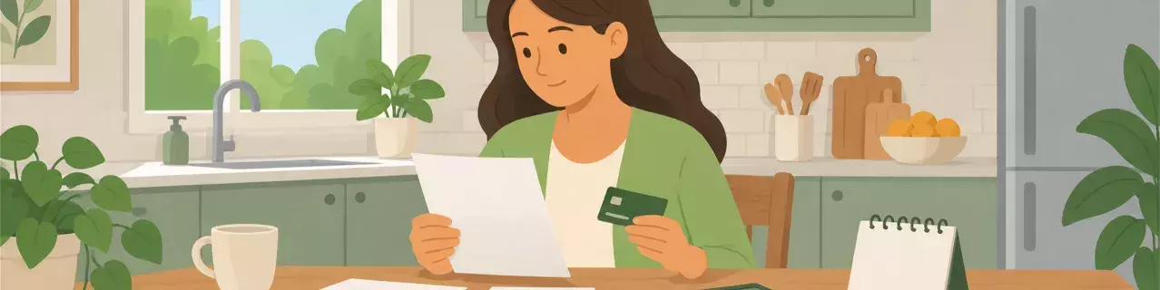 Mujer revisando facturas de tarjetas de crédito en la mesa