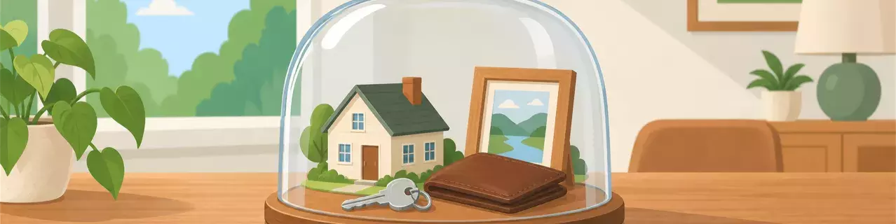 Cloche de cristal que cubre el modelo de la casa y la cartera