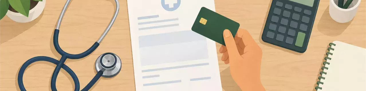 Mano sosteniendo tarjeta de crédito sobre factura médica