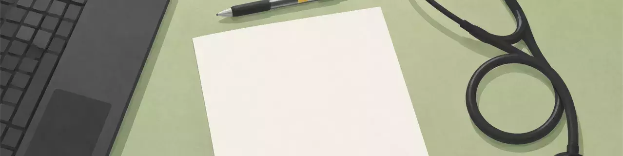 Estetoscopio con bolígrafo y papel junto al portátil