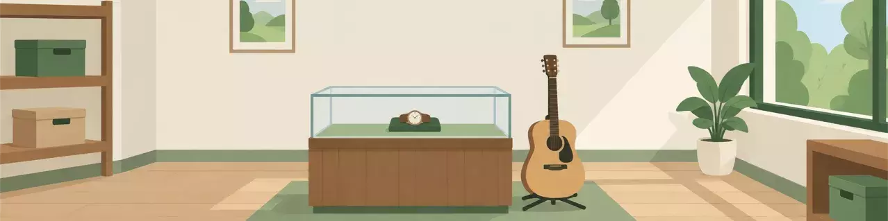 Exposición de casa de empeños con guitarra y joyería