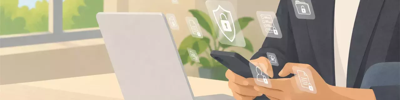 Mujer usando el teléfono junto a un portátil seguro