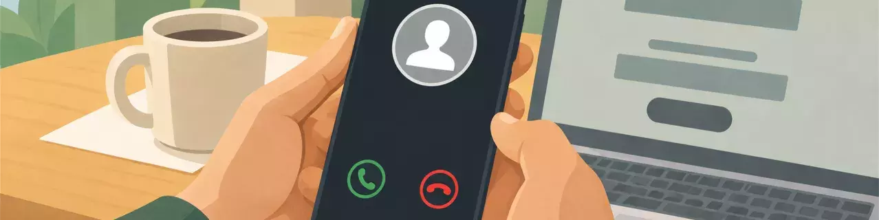 Manos sujetando el teléfono con una llamada entrante en la mesa