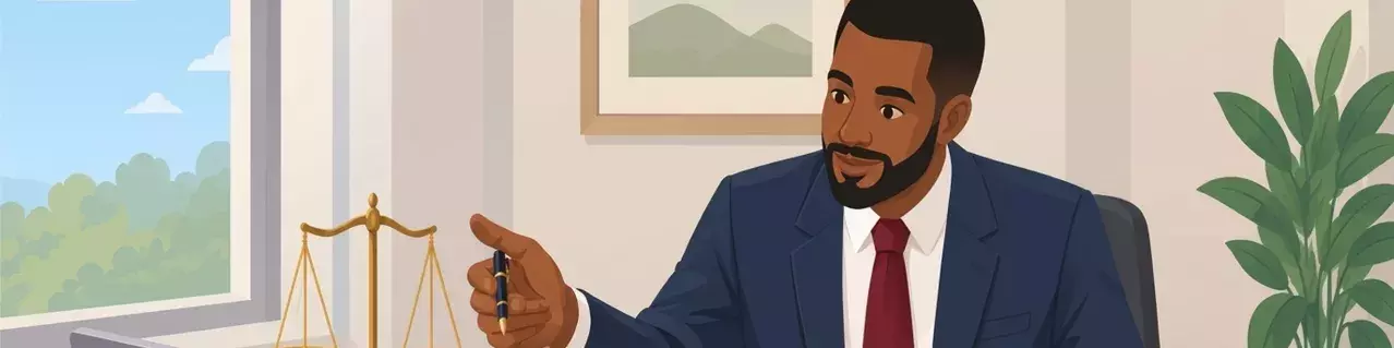 Abogado revisando un libro de derecho en un escritorio