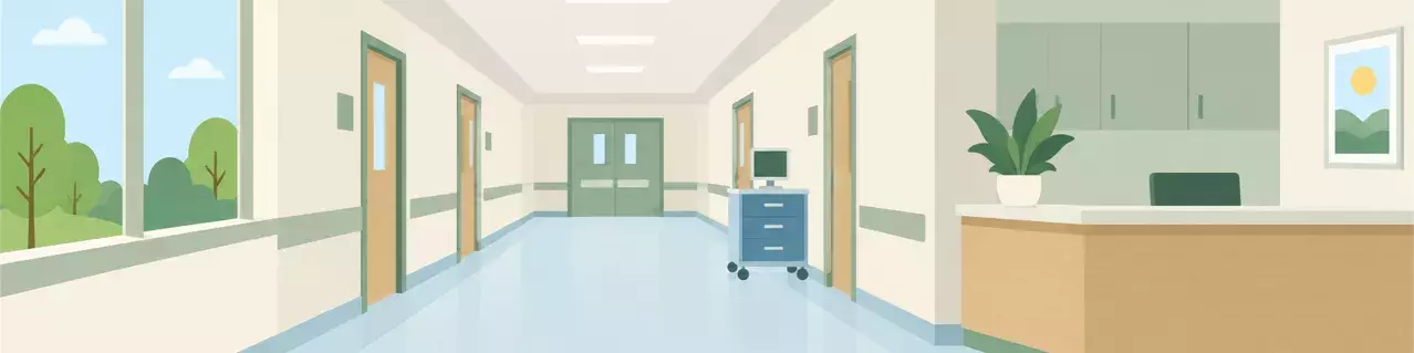 Pasillo del hospital con puertas para pacientes y carrito