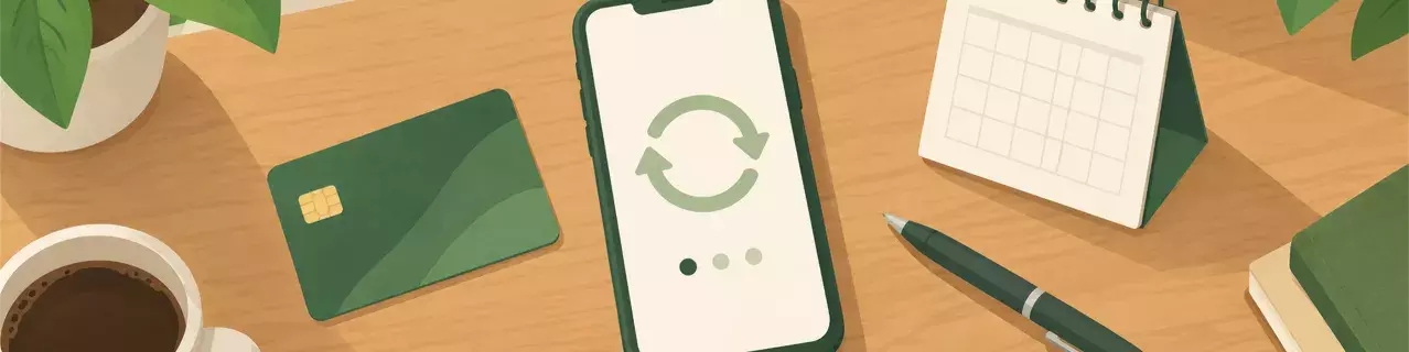 Teléfono con pantalla de pago junto a la tarjeta bancaria