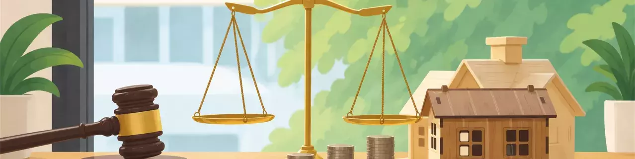 Modelo de casa con monedas y balanza sobre el escritorio