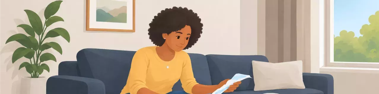 Mujer revisando facturas en el sofá con calculadora