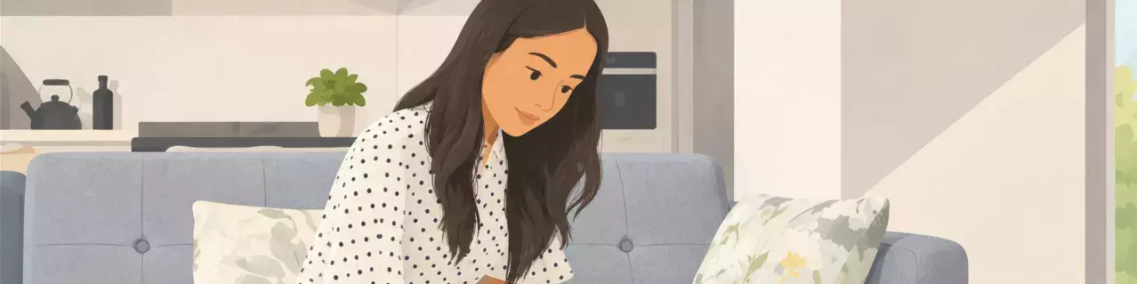 Mujer revisando documentos en el sofá con el portátil