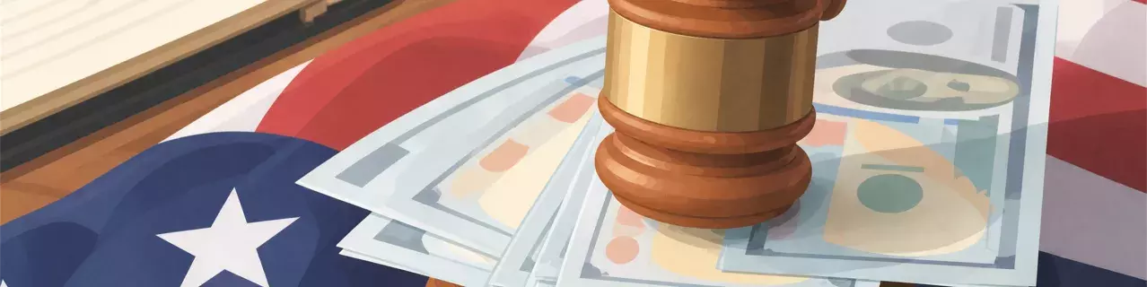 Martillo apoyado sobre la bandera y los papeles legales