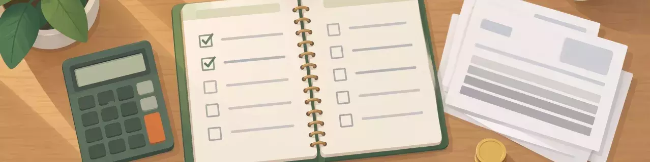Planificador con lista de comprobación y calculadora sobre el escritorio