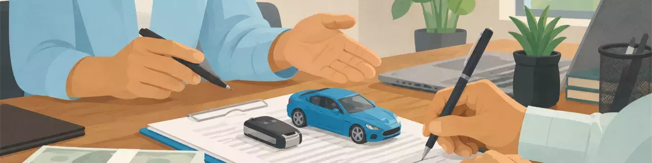 Revisión de un préstamo para coche con coche de juguete y dinero