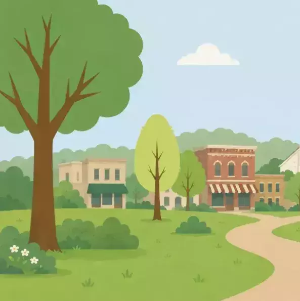 Pueblo pequeño al fondo con parque en primer plano
