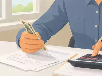 Persona contando dinero con calculadora en el escritorio
