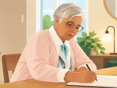 Hombre escribiendo en un cuaderno en la mesa del comedor