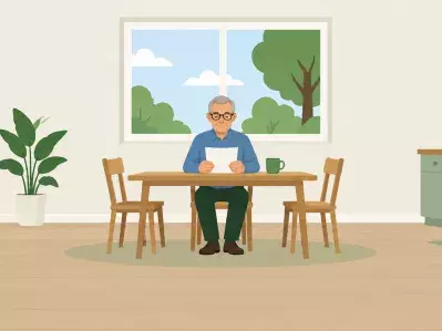 Hombre revisando tarjetas y facturas en la mesa de la cocina