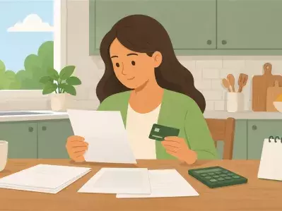 Mujer revisando facturas de tarjetas de crédito en la mesa