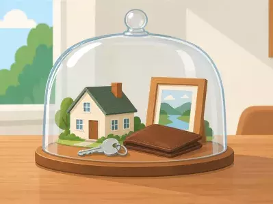 Cloche de cristal que cubre el modelo de la casa y la cartera