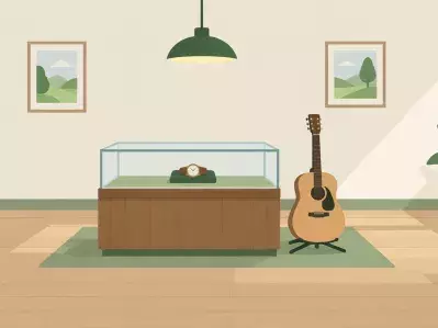 Exposición de casa de empeños con guitarra y joyería