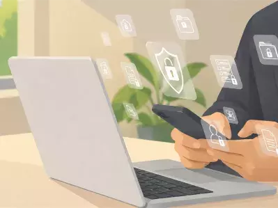 Mujer usando el teléfono junto a un portátil seguro