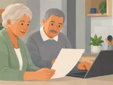 Pareja revisando carta en la mesa de la cocina