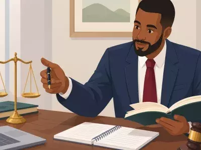 Abogado revisando un libro de derecho en un escritorio