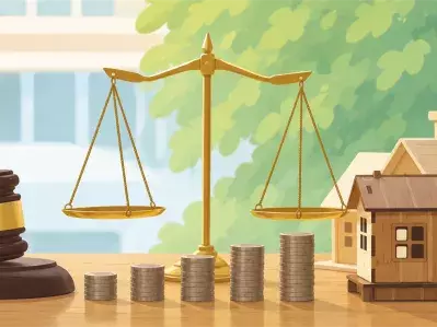 Modelo de casa con monedas y balanza sobre el escritorio