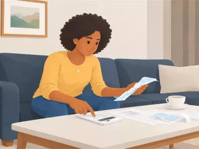 Mujer revisando facturas en el sofá con calculadora