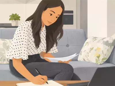 Mujer revisando documentos en el sofá con el portátil